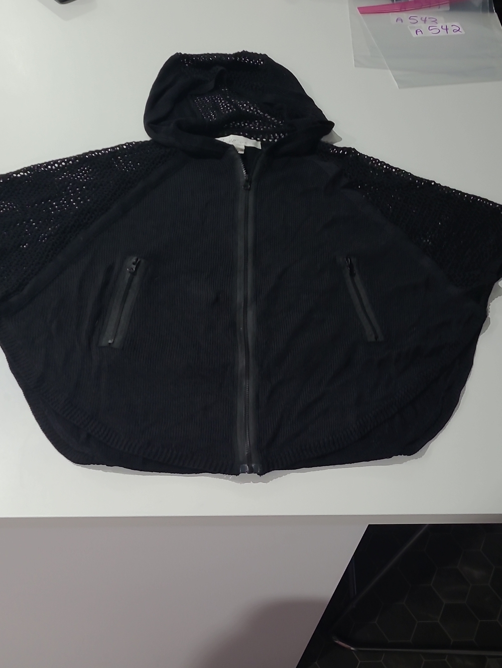 Black Hooded Zip-Front Cape with Textured Sleeves